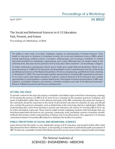 Cover for The Social and Behavioral Sciences in K-12 Education: Past, Present, and Future: Proceedings of a Workshop–in Brief