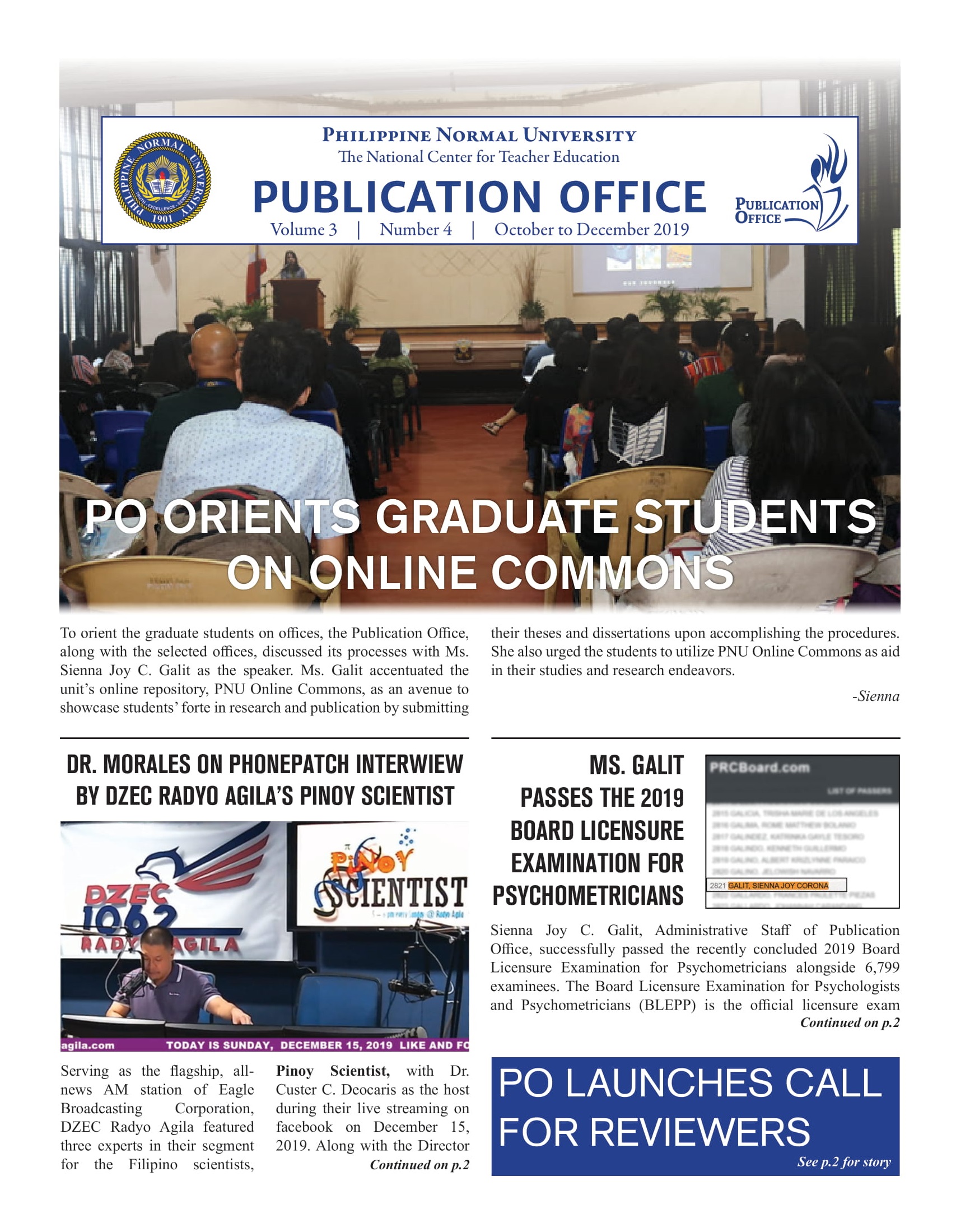 Cover for Publication Office Newsletter (October to December 2019)