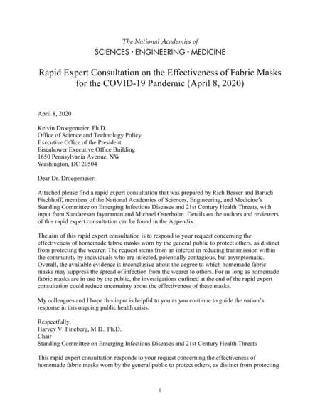 Cover for Rapid Expert Consultation on the Effectiveness of Fabric Masks for the COVID-19 Pandemic (April 8, 2020)