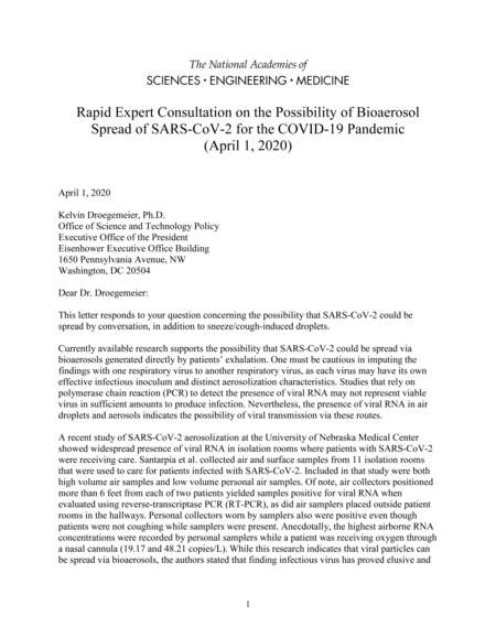Cover for Rapid Expert Consultation on the Possibility of Bioaerosol Spread of SARS-CoV-2 for the COVID-19 Pandemic (April 1, 2020)