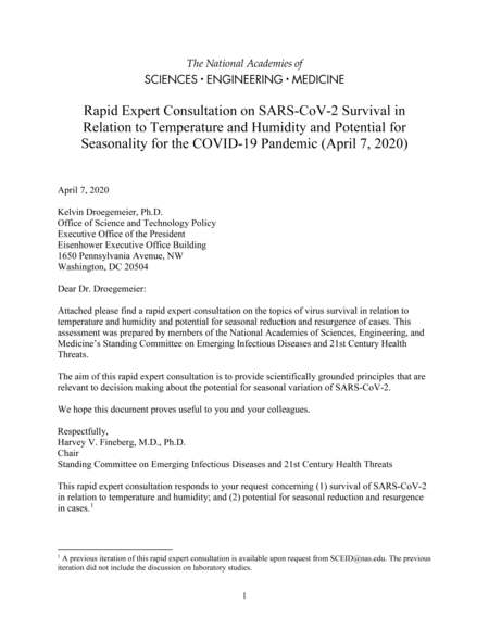 Cover for Rapid Expert Consultation on SARS-CoV-2 Survival in Relation to Temperature and Humidity and Potential for Seasonality for the COVID-19 Pandemic (April 7, 2020)
