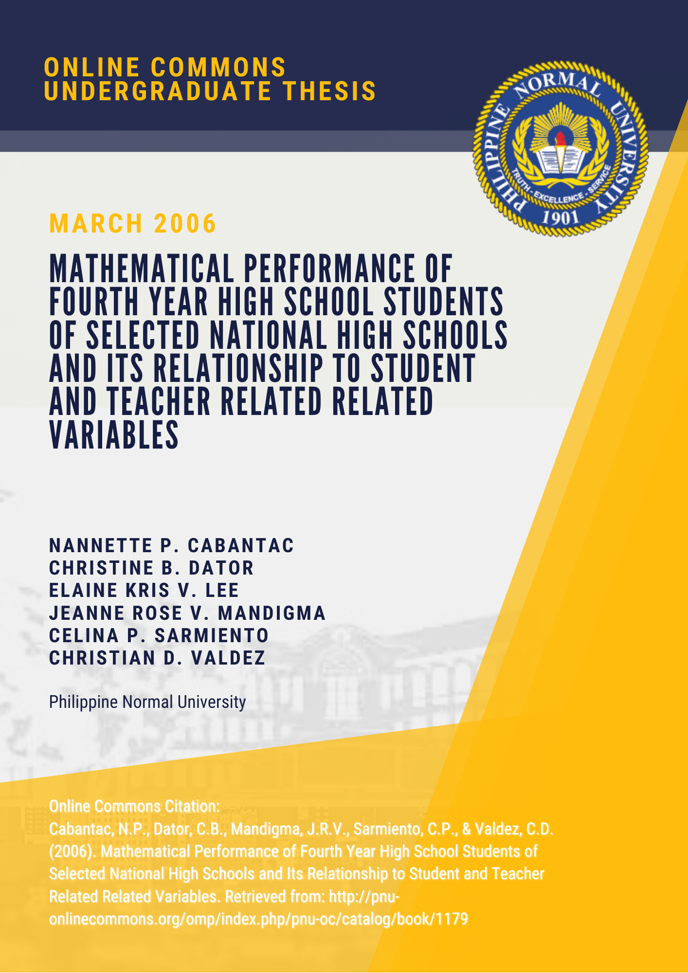 Cover for Mathematical Performance of Fourth Year High School Students of Selected National High Schools and its Relationship to Student and Teacher Related Variables