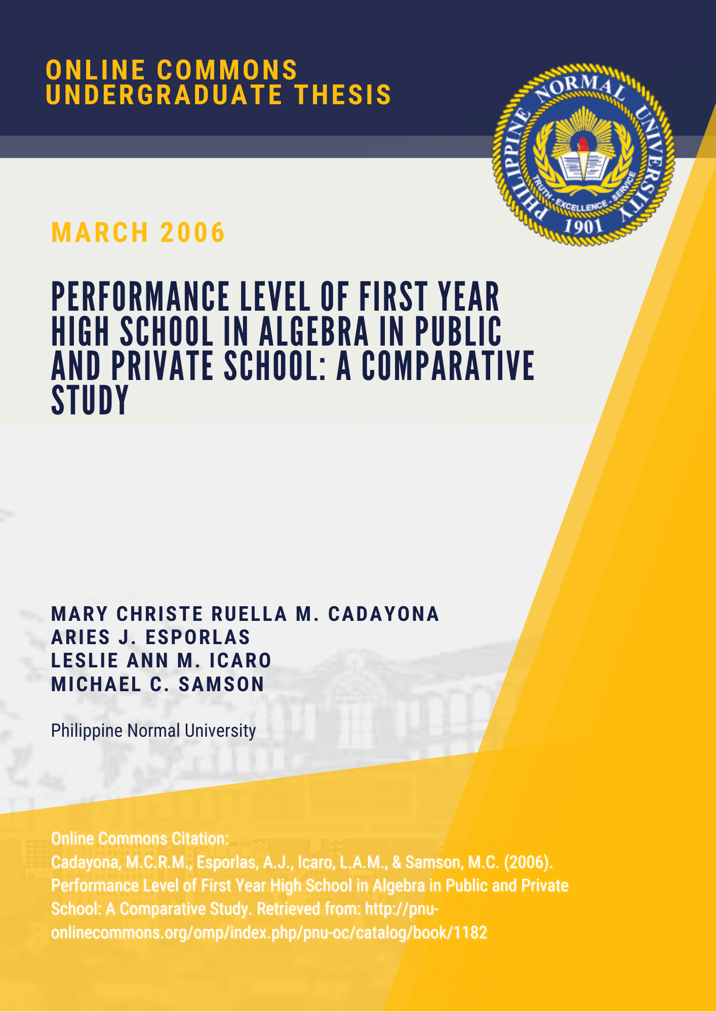 Cover for Performance Level of First Year High School in Algebra in Public and Private School: A Comparative Study