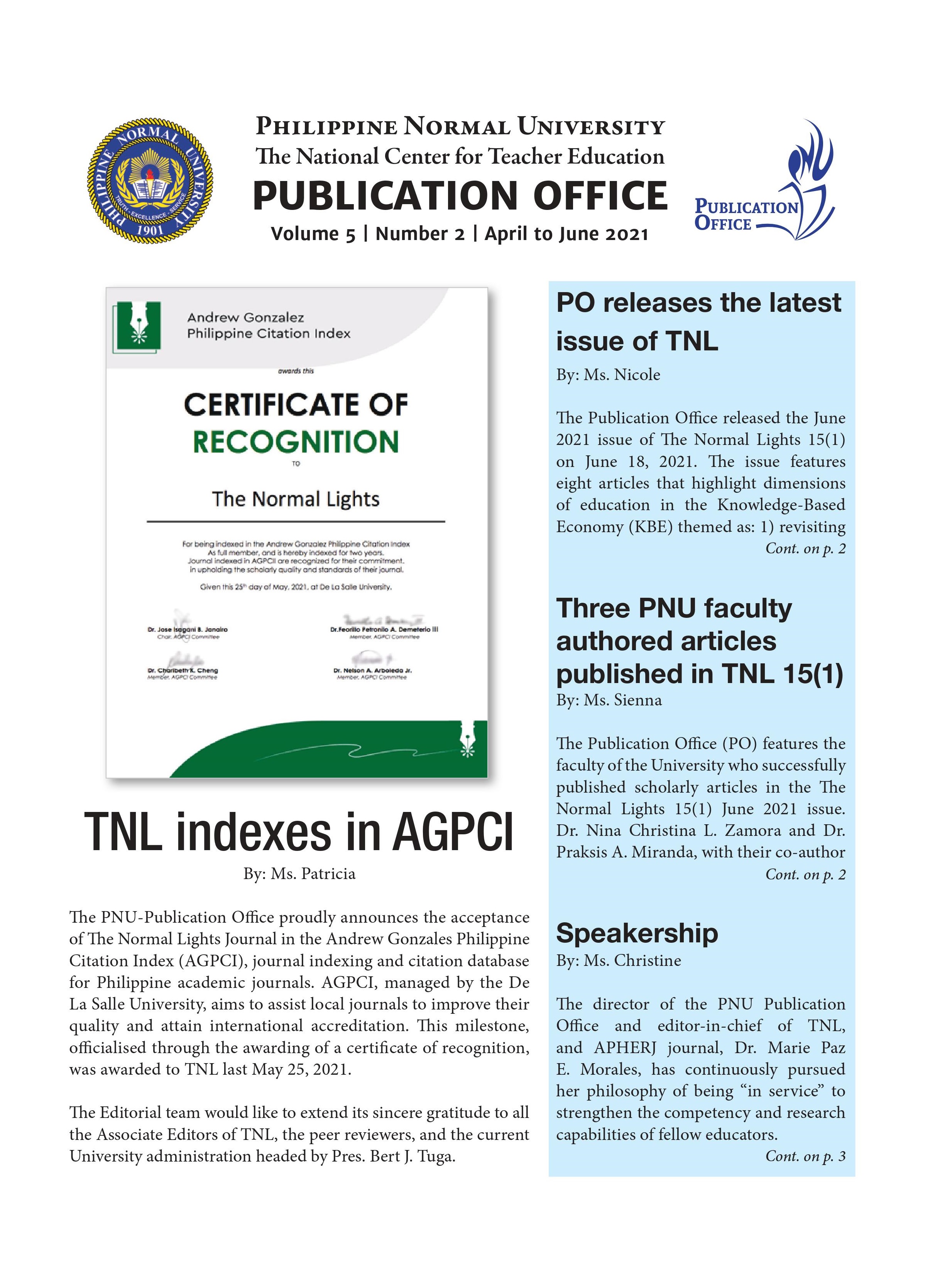 Cover for Publication Office Newsletter (April to June 2021)