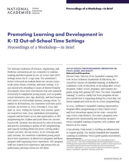 Cover for Promoting Learning and Development in K-12 Out-of-School Time: Proceedings of a Workshop—in Brief (2024)