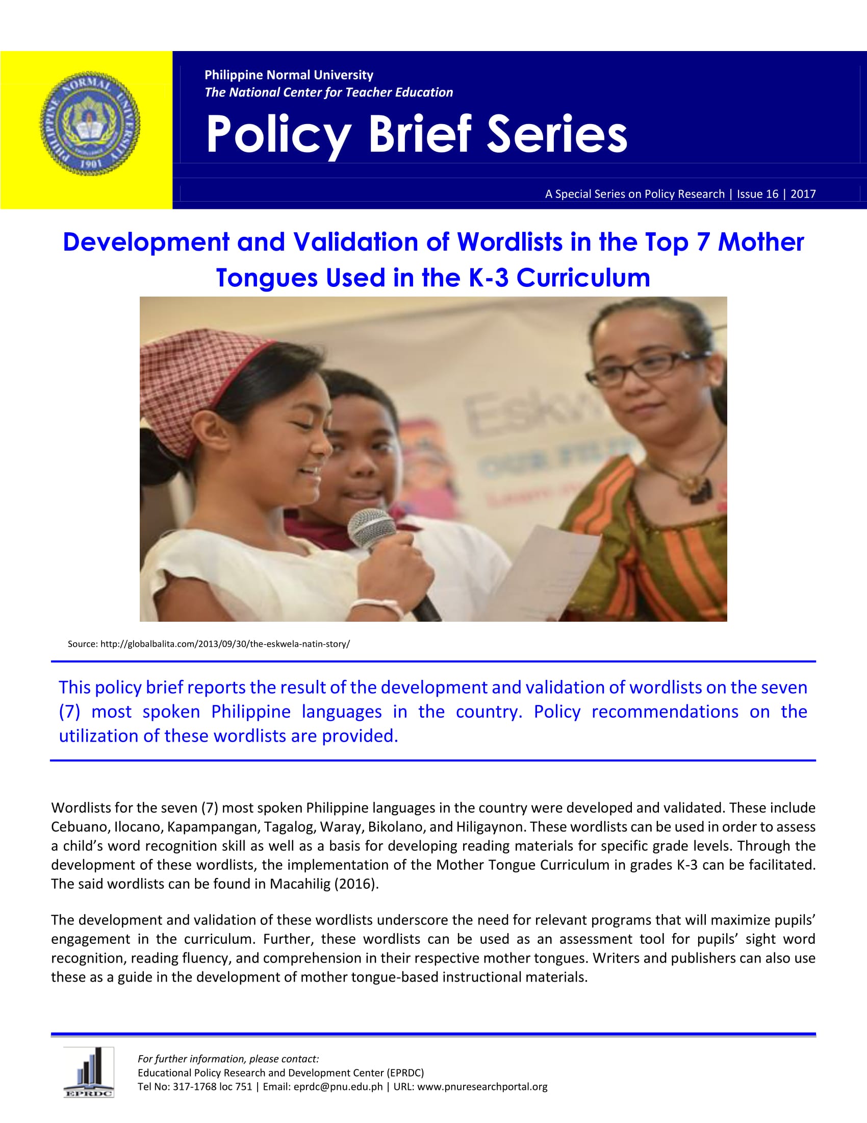 Cover for Policy Brief Issue No. 16: Development and Validation of Wordlists in the Top 7 Mother Tongues Used in the K-3 Curriculum