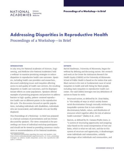 Cover for Addressing Disparities in Reproductive Health: Proceedings of a Workshop—in Brief Addressing Disparities in Reproductive Health Proceedings of a Workshop—in Brief
