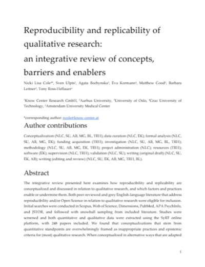 Cover for Reproducibility and replicability of qualitative research: an integrative review of concepts, barriers and enablers