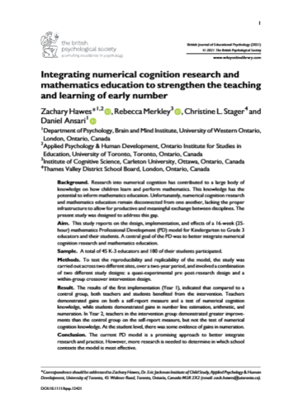 Cover for Integrating numerical cognition research and mathematics education to strengthen the teaching and learning of early number