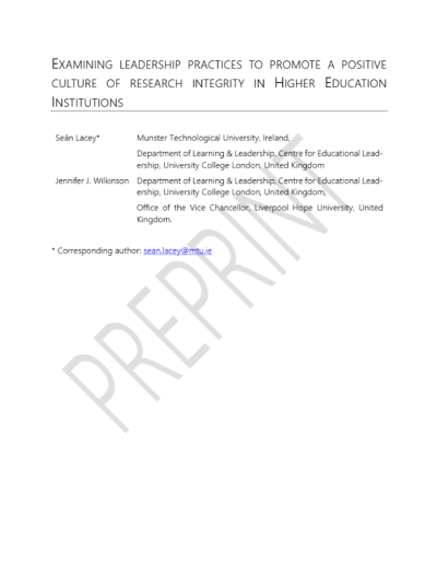 Cover for Examining leadership practices to promote a positive culture of research integrity in Higher Education Institutions
