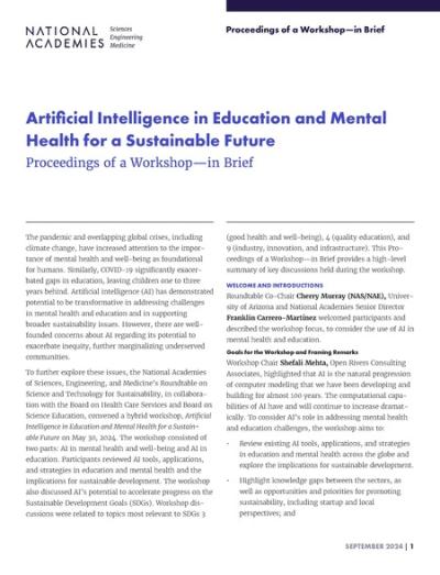 Cover for Artificial Intelligence in Education and Mental Health for a Sustainable Future