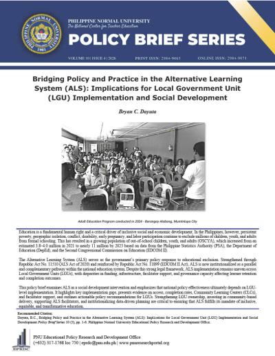 Cover for Bridging Policy and Practice in the Alternative Learning System (ALS): Implications for Local Government Unit (LGU) Implementation and Social Development