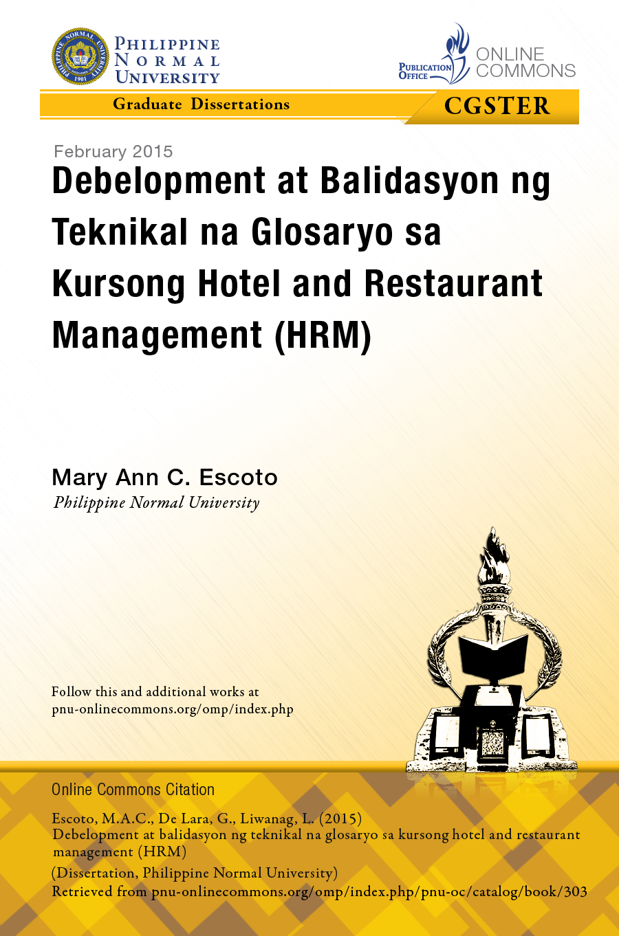 Cover for Debelopment at Balidasyon ng Teknikal na Glosaryo sa Kursong Hotel and Restaurant Management (HRM)