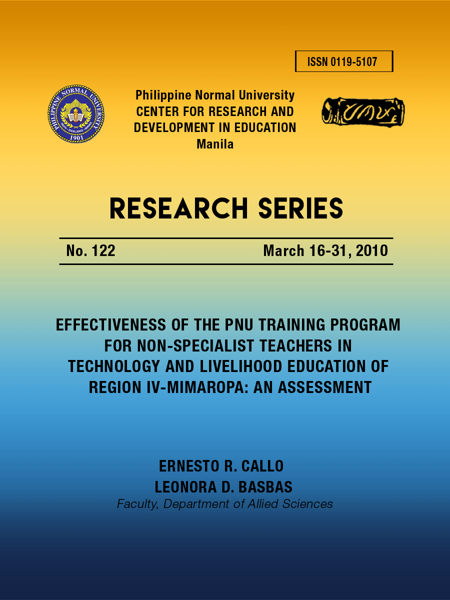 Cover for Effectiveness of the PNU Training Program for Non-Specialist Teachers in Technology and Livelihood Education of Region IV-MIMAROPA: An Assessment