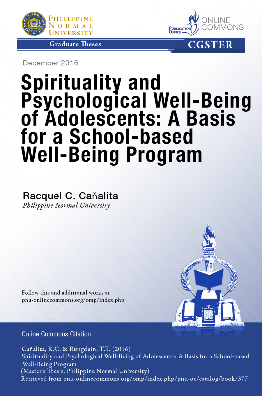 Cover for Spirituality and Psychological Well-Being a Adolescents: A Basis for a School-Based Well-Being Program