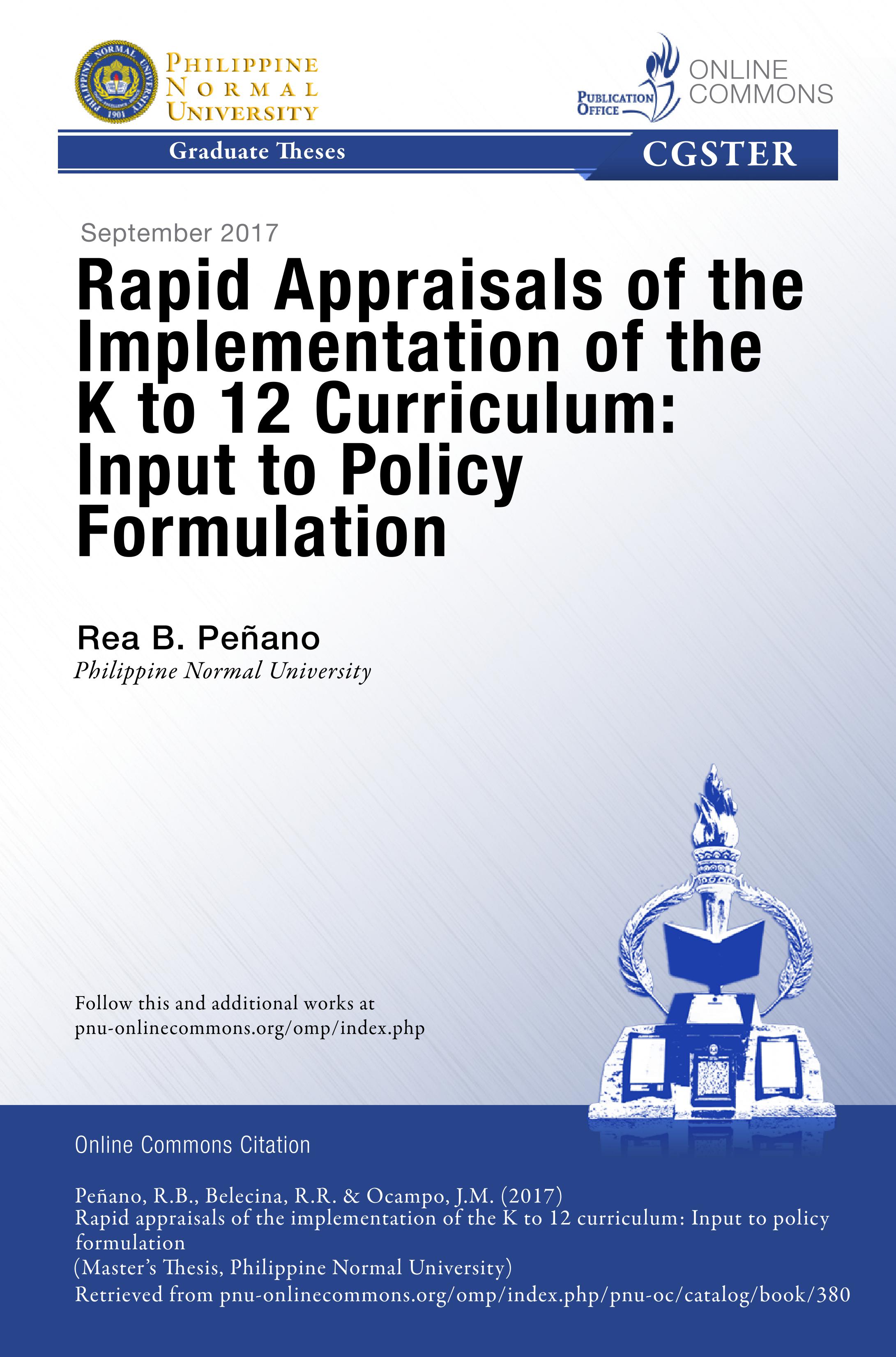 Cover for Rapid Appraisal of the Implementation of the K to 12 Curriculum: Input to Policy Formulation