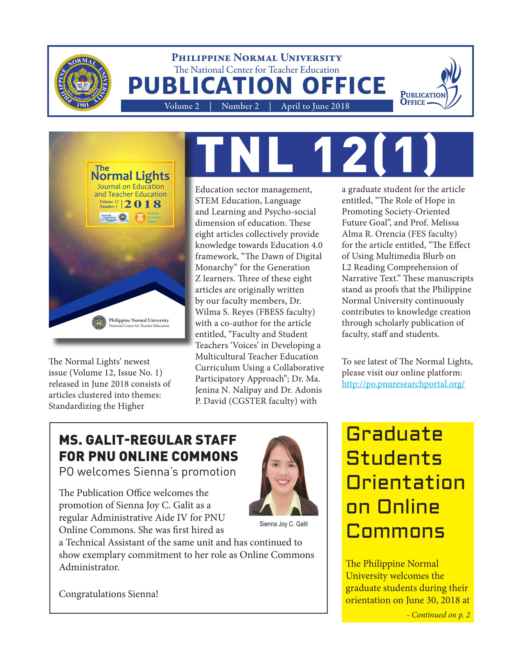 Cover for Publication Office Newsletter (April to June 2018)