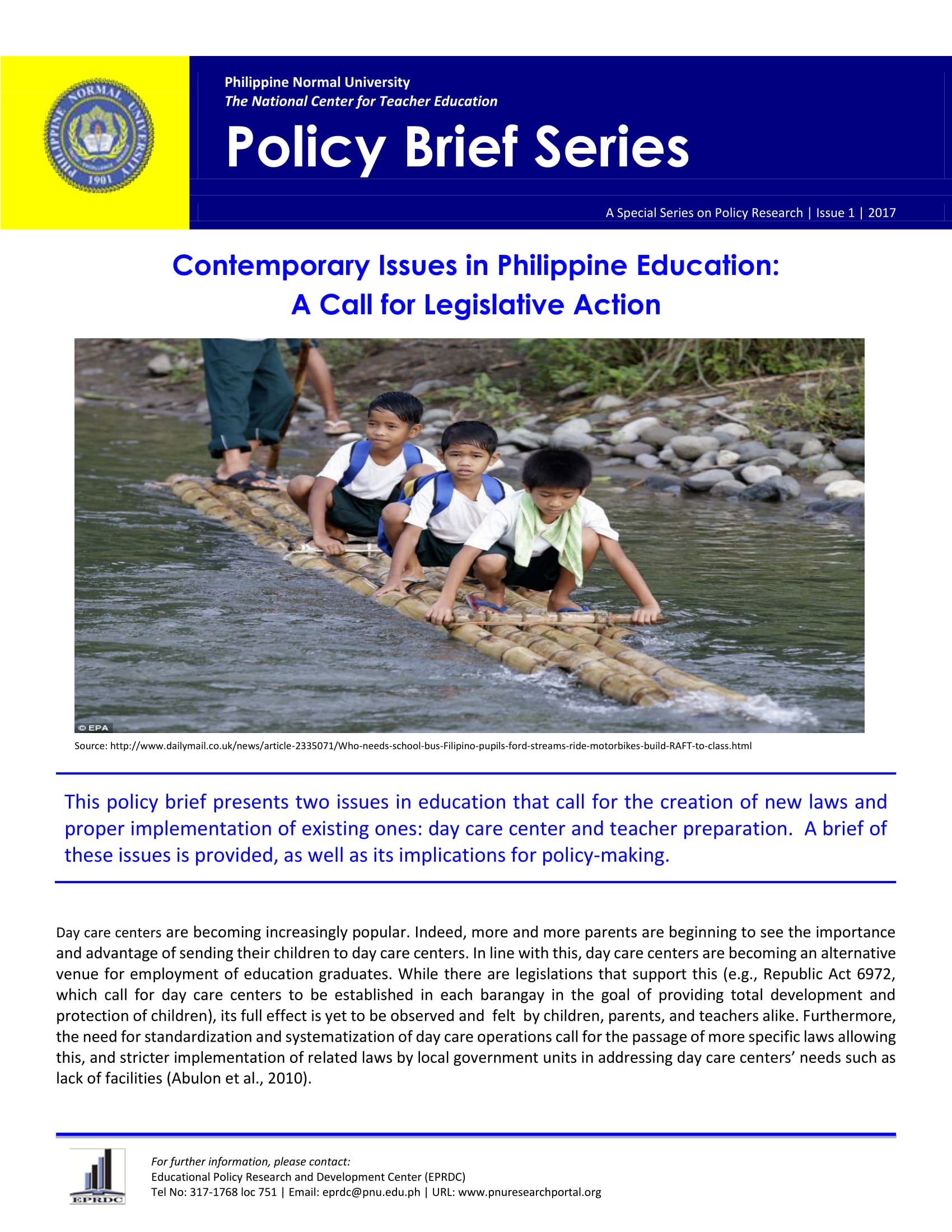 Cover for Policy Brief Issue No.1: Contemporary Issues in Philippine Education: A Call for Legislative Action