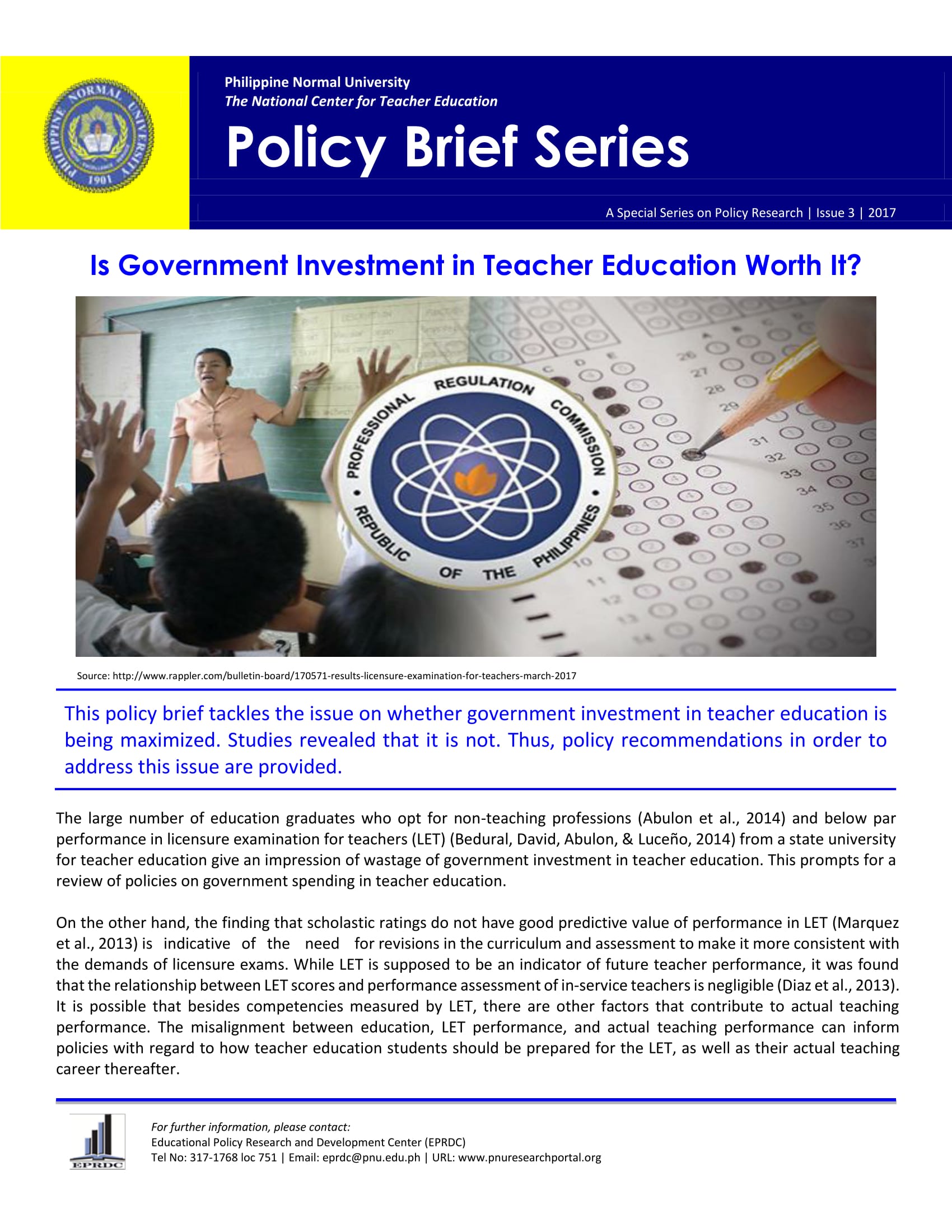 Cover for Policy Brief Issue No. 3: Is Government Investment in Teacher Education Worth It?