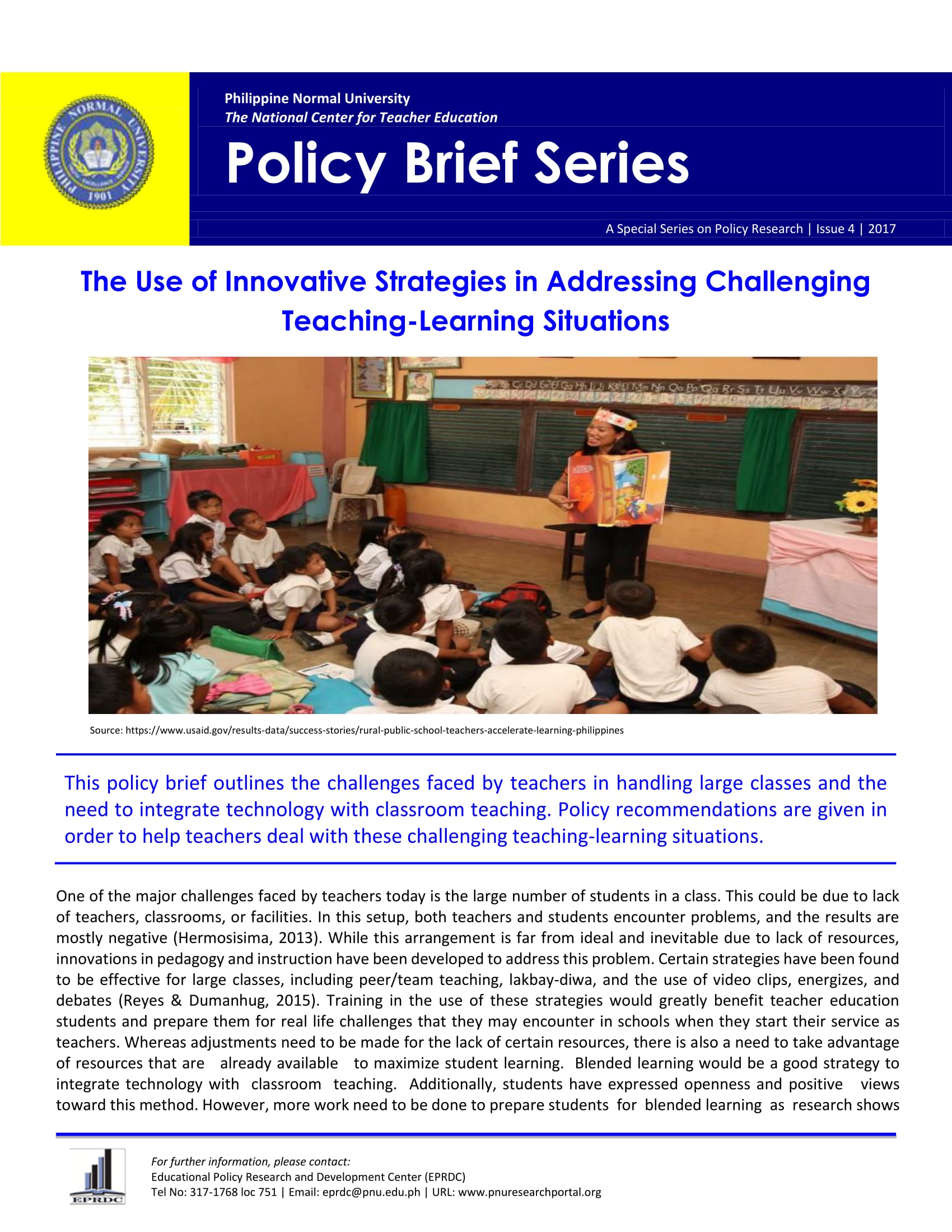 Cover for Policy Brief Issue No. 4: The Use of Innovative Strategies in Addressing Challenging Teaching-Learning Situations