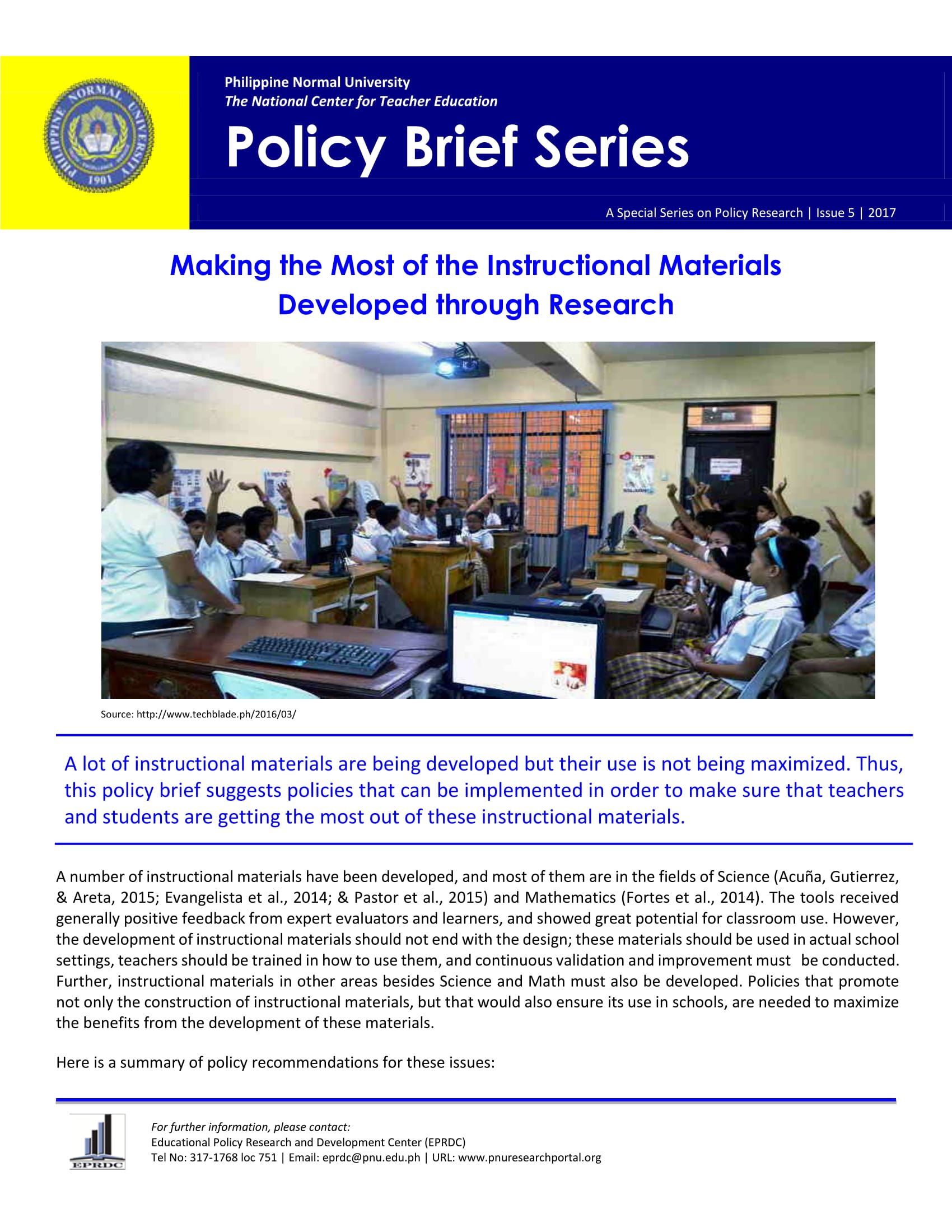 Cover for Policy Brief Issue No.5: Making the Most of the Instructional Materials Developed through Research