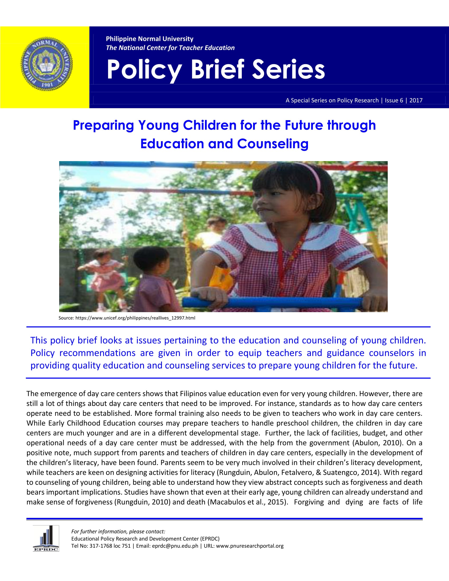 Cover for Policy Brief Issue No. 6: Preparing Young Children for the Future through Education and Counseling