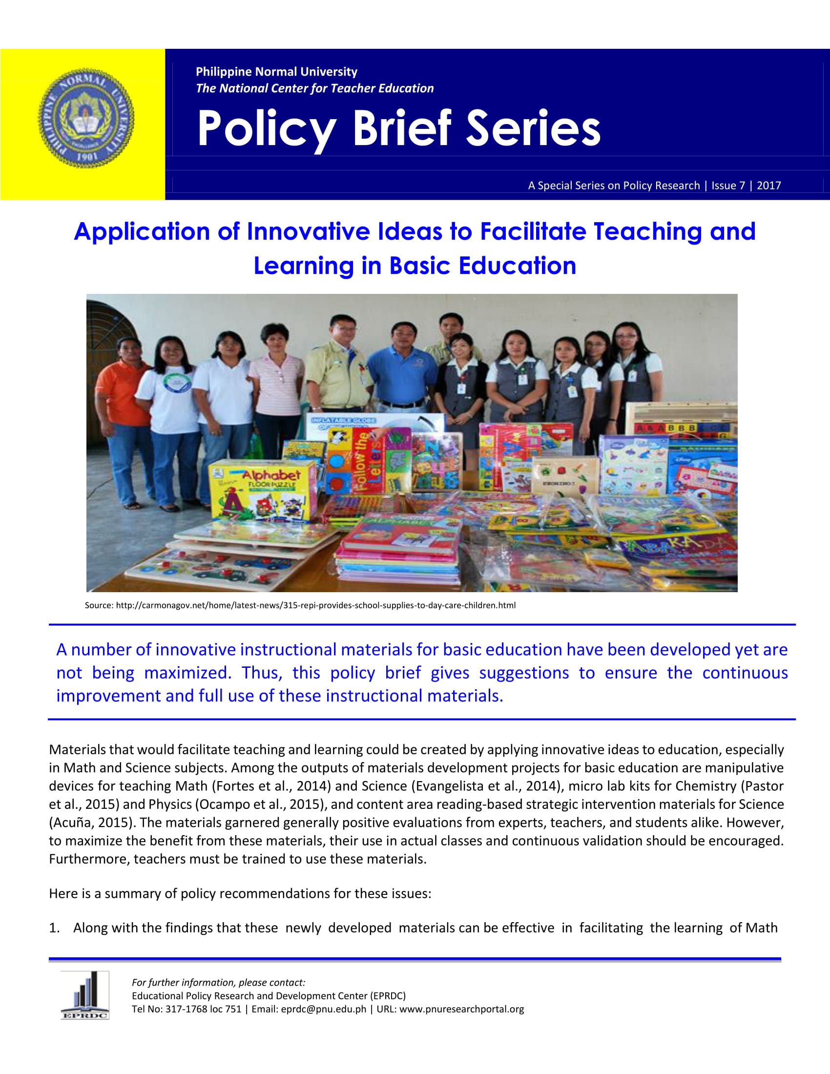 Cover for Policy Brief Issue No. 7: Application of Innovative Ideas to Facilitate Teaching and Learning in Basic Education