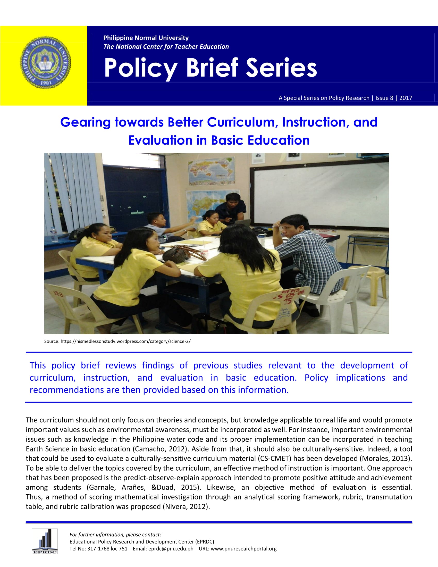 Cover for Policy Brief Issue No. 8: Gearing towards Better Curriculum, Instruction, and Evaluation in Basic Education