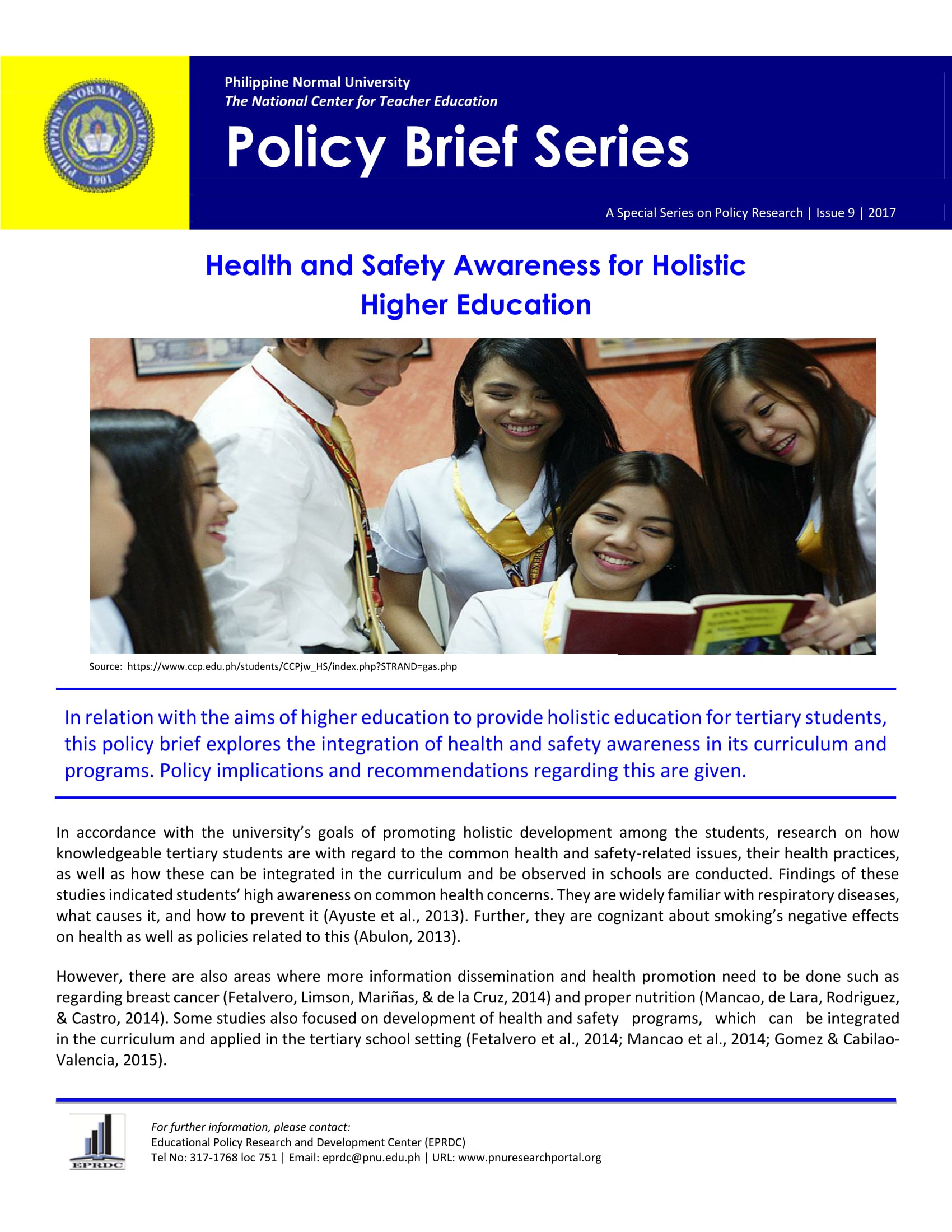 Cover for Policy Brief Issue No. 9: Health and Safety Awareness for Holistic Higher Education