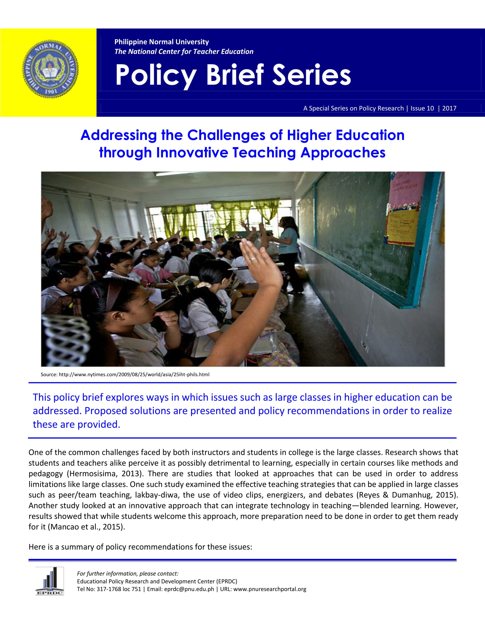 Cover for Policy Brief Issue No. 10: Addressing the Challenges of Higher Education through Innovative Teaching Approaches
