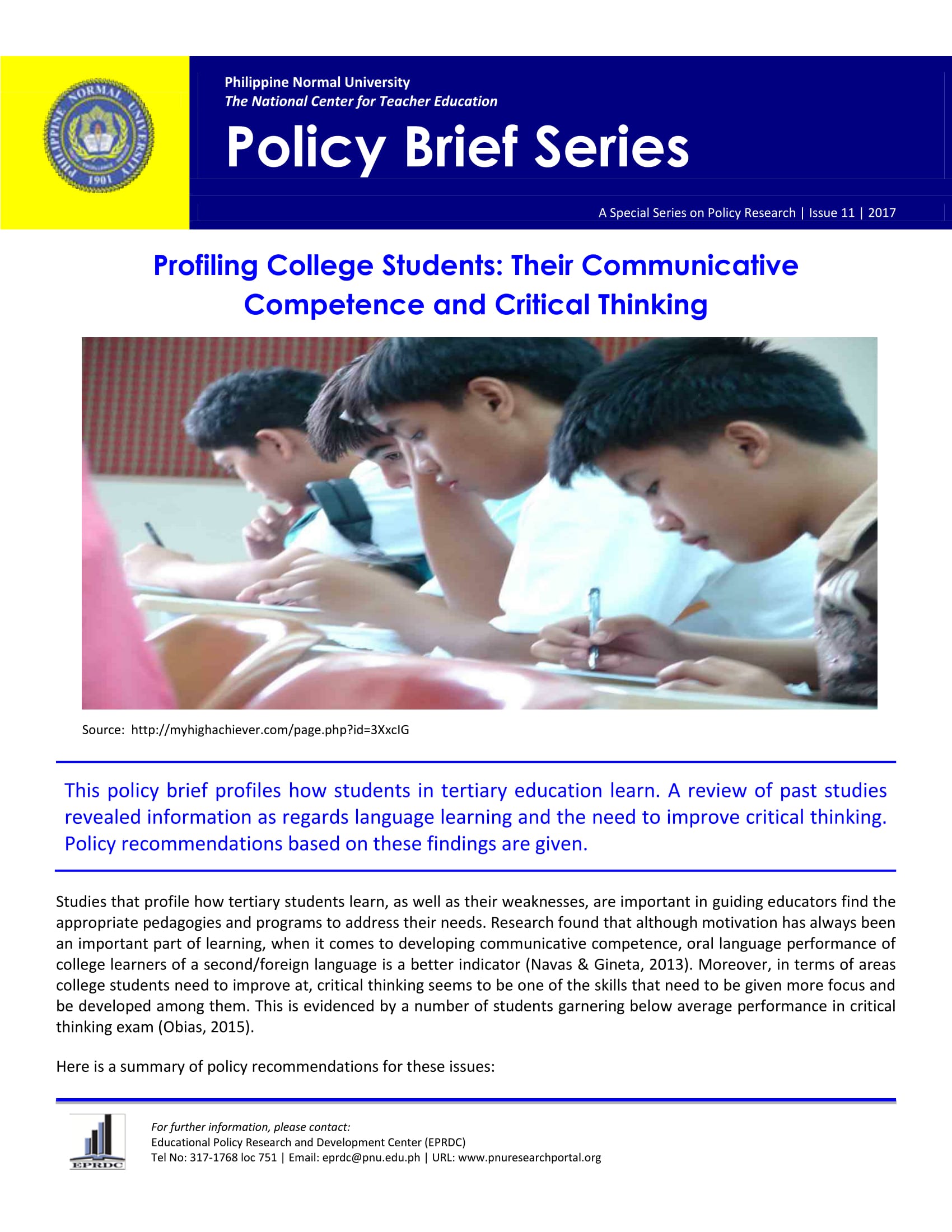 Cover for Policy Brief Issue No. 11: Profiling College Students: Their Communicative Competence and Critical Thinking