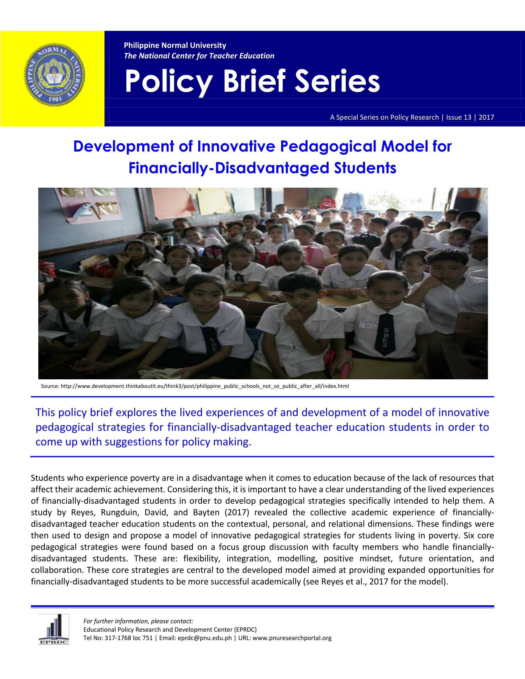Cover for Policy Brief Issue No. 13: Development of Innovative Pedagogical Model for Financially-Disadvantaged Students