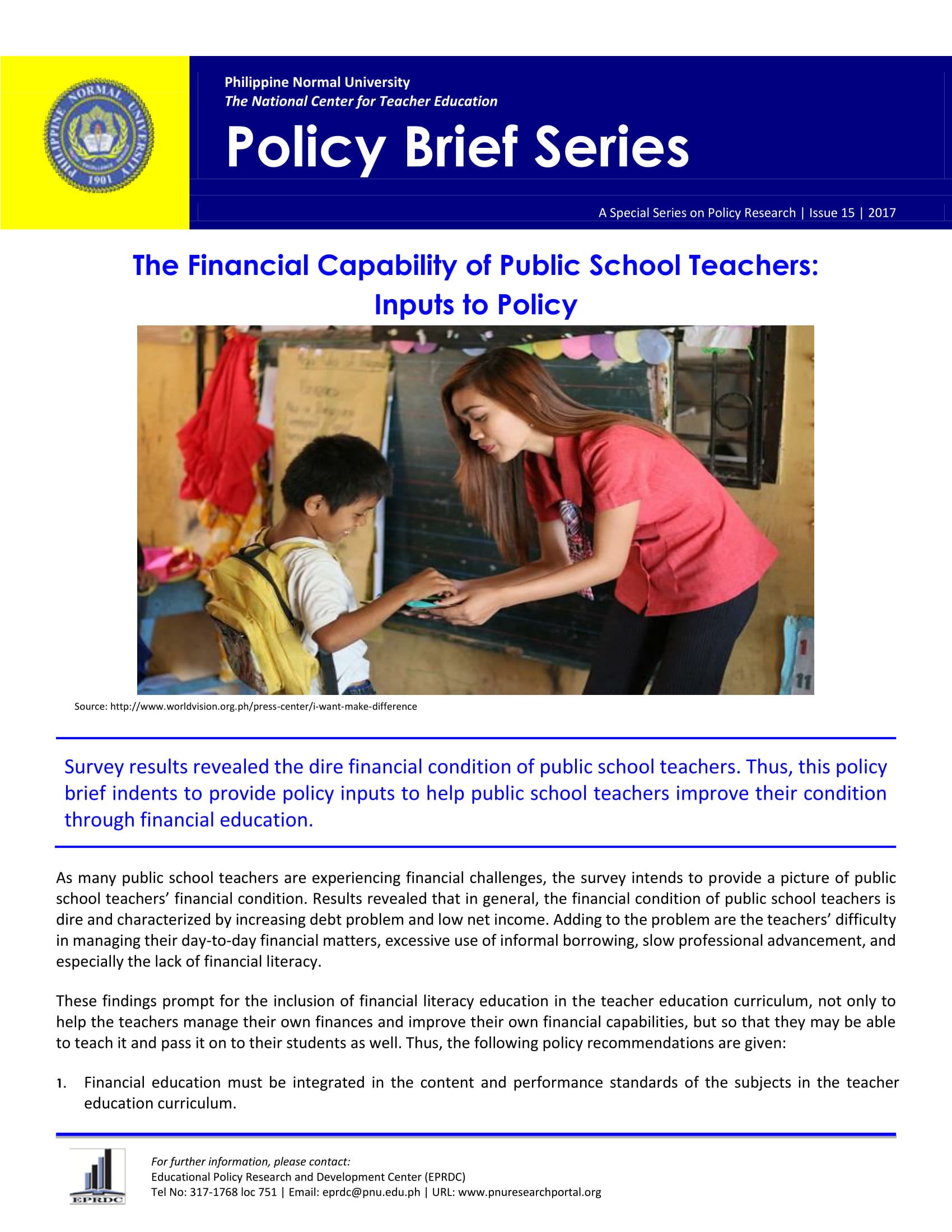 Cover for Policy Brief Issue No. 15: The Financial Capability of Public School Teachers: Inputs to Policy