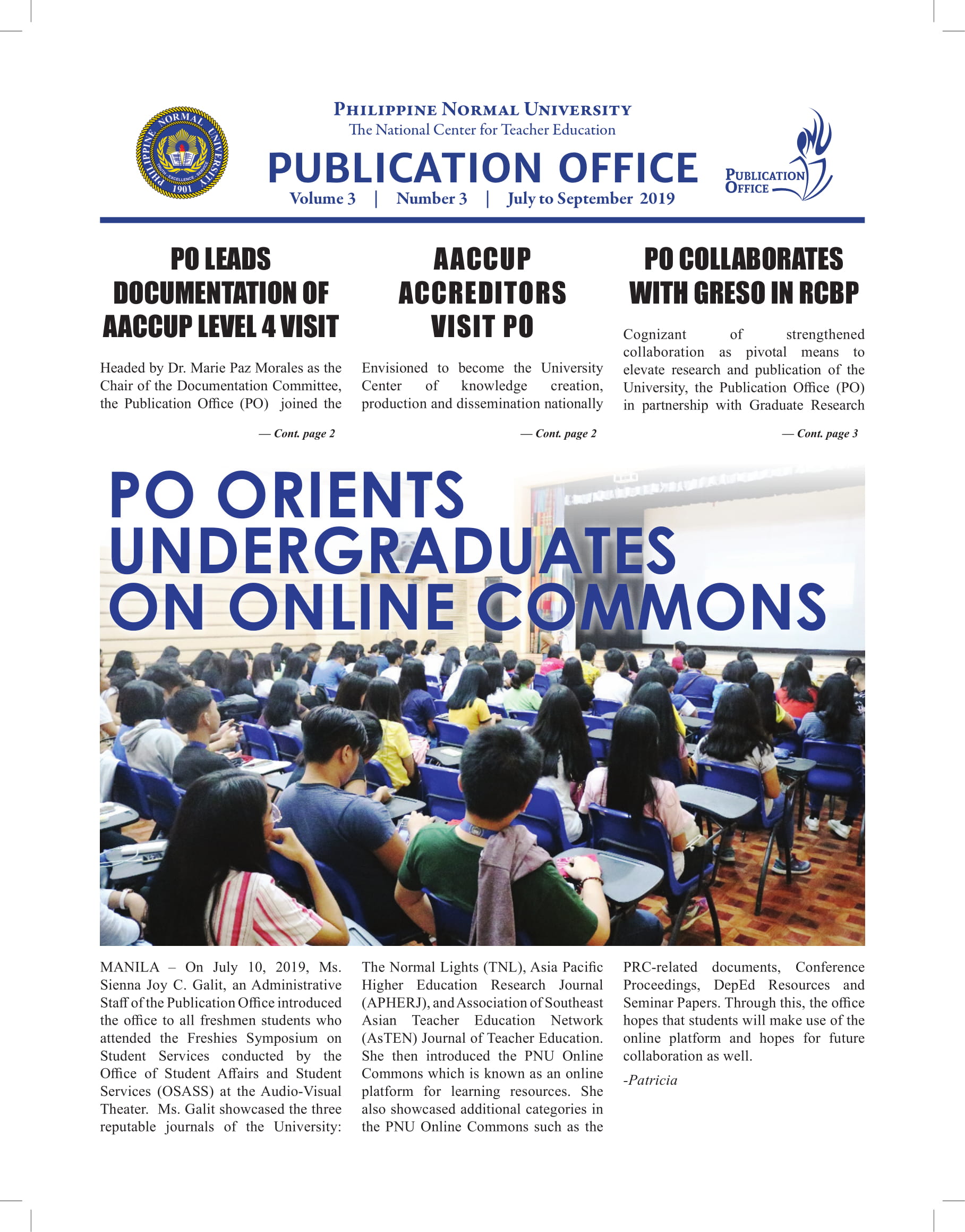 Cover for Publication Office Newsletter (July to September 2019)